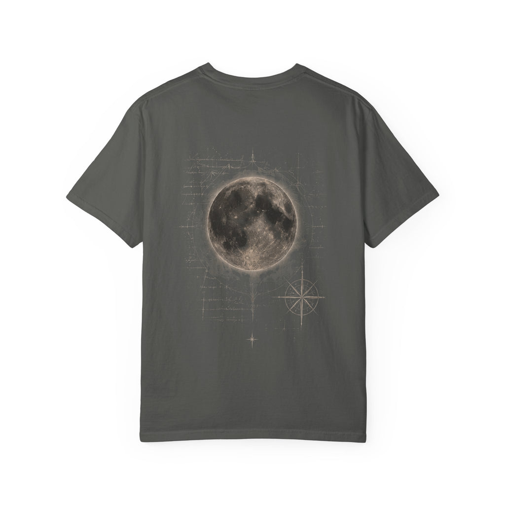 Moon Compass T-Shirt — Lunar Graphic Tee with Compass Chest Emblem