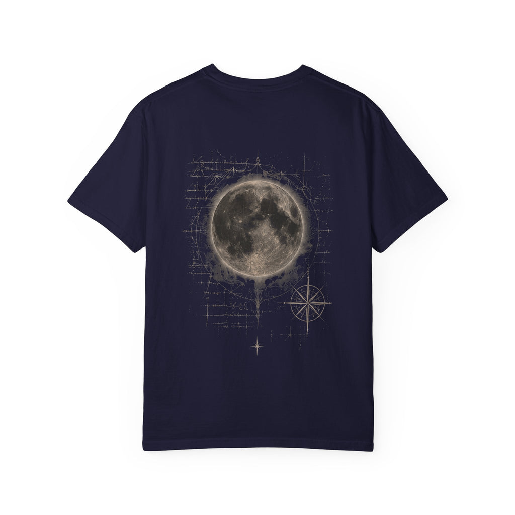 Moon Compass T-Shirt — Lunar Graphic Tee with Compass Chest Emblem