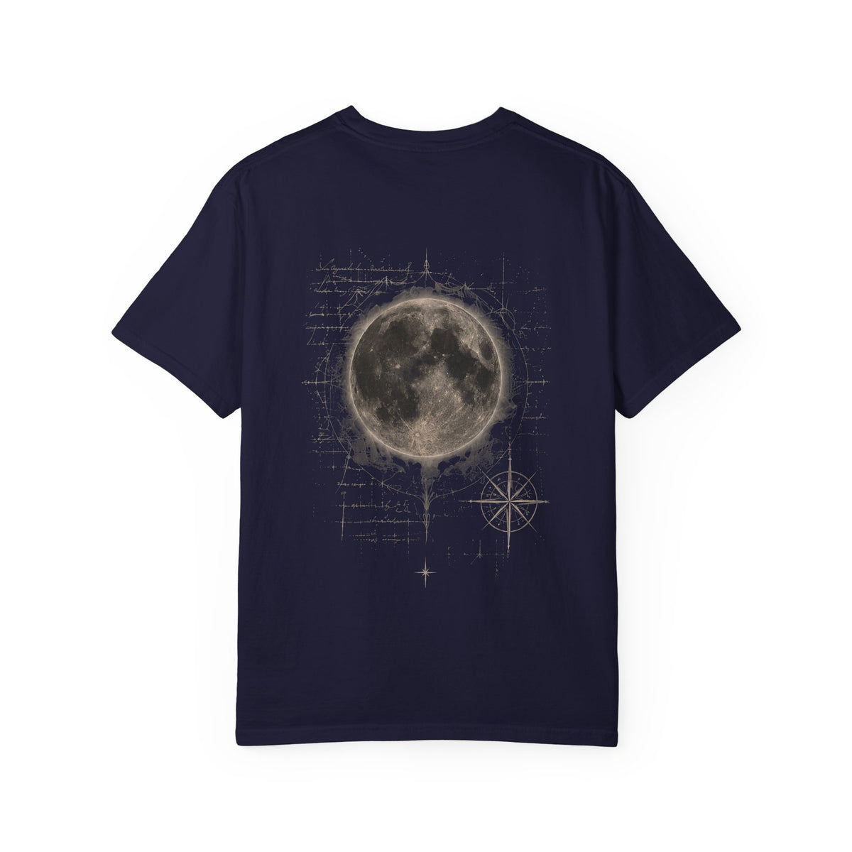 Moon Compass T-Shirt — Lunar Graphic Tee with Compass Chest Emblem