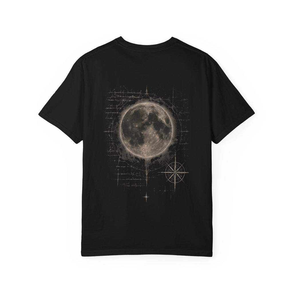 Moon Compass T-Shirt — Lunar Graphic Tee with Compass Chest Emblem