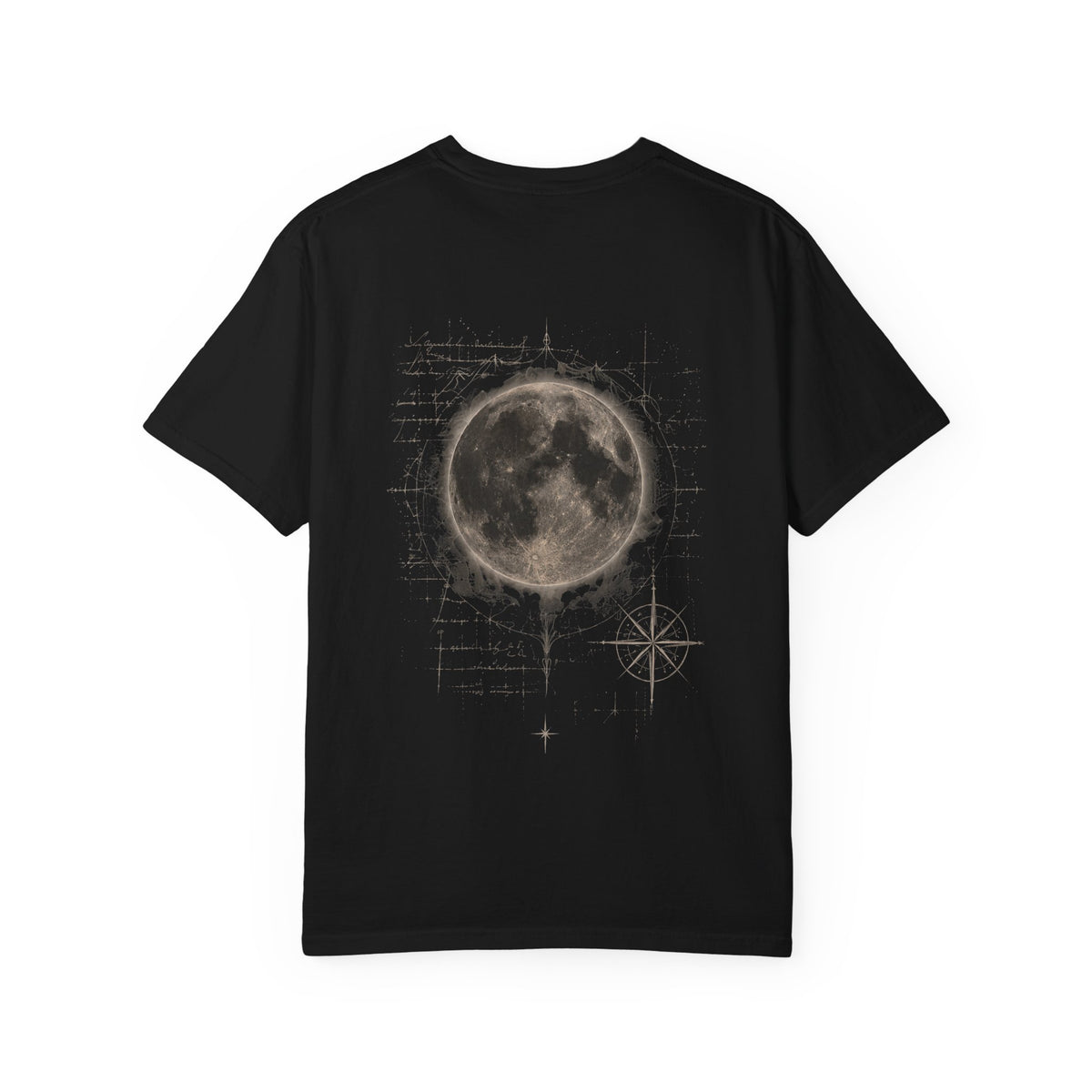 Moon Compass T-Shirt — Lunar Graphic Tee with Compass Chest Emblem